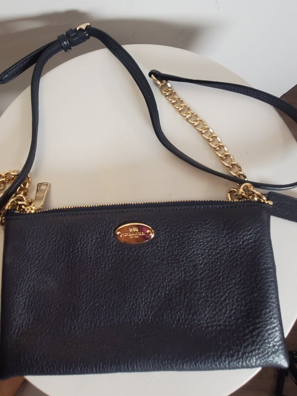 26. Coach Black Pebbled Small Zip Top Crossbody Bag Gold Chain Detachable Strap
